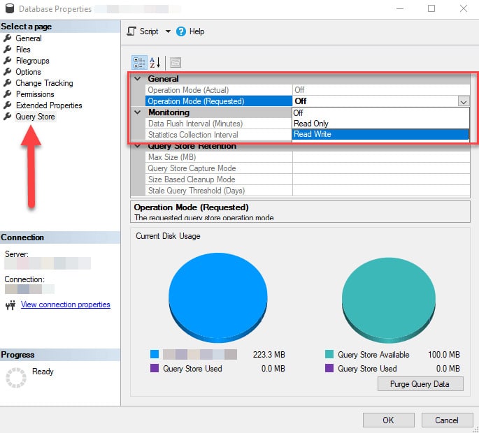 Shows the options for the query store in the SQL Server using the SSMS.