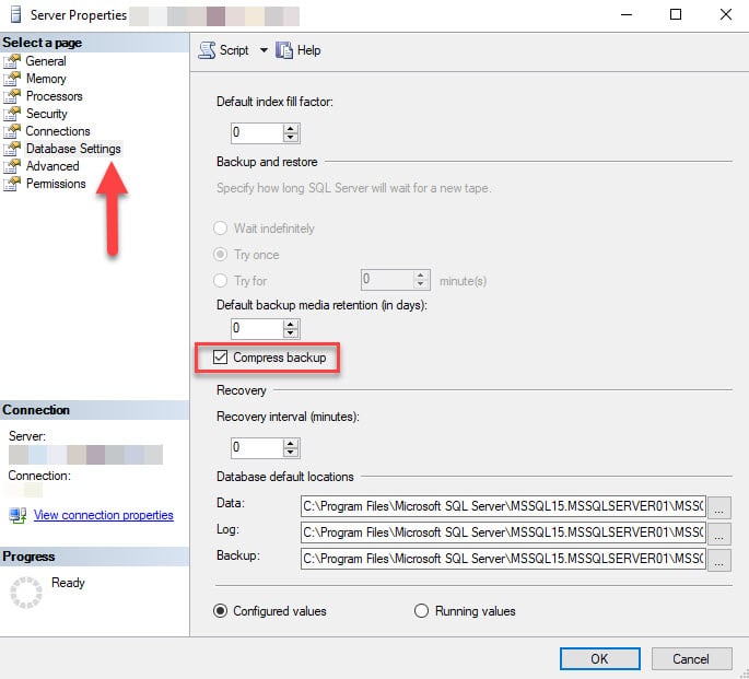 Shows the location of compress backup flag in the Microsoft SQL Server Managment Studio,