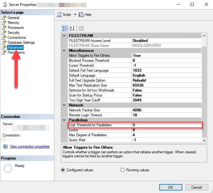 Shows the cost Cost threshold option in the server properties page.