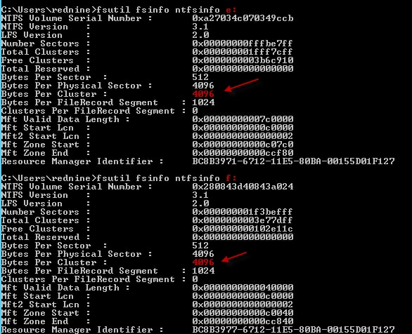 Identifies the bytes per cluster after run the ntfsinfo command. 