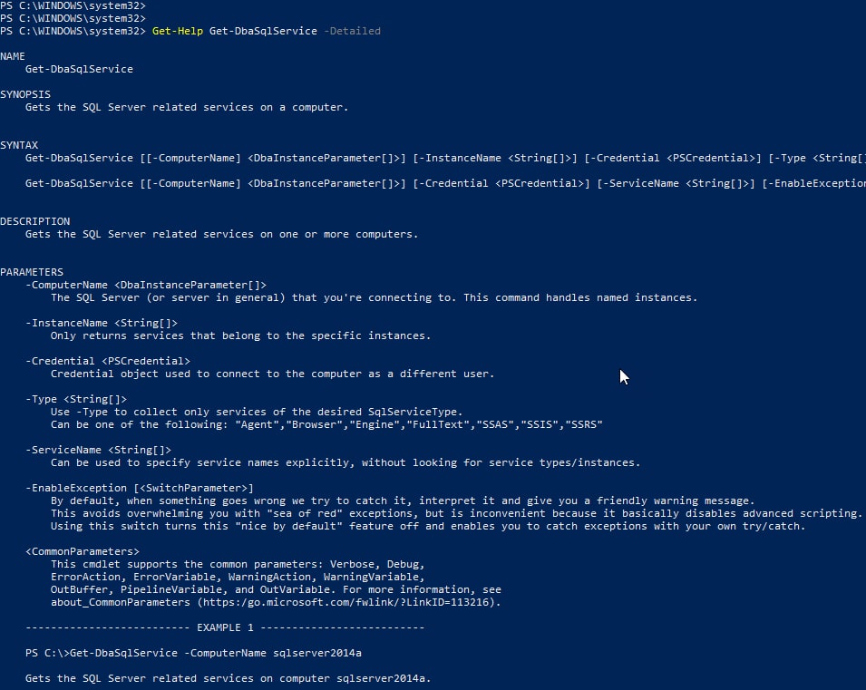 Get-Help Get-DbaSqlService - detailed