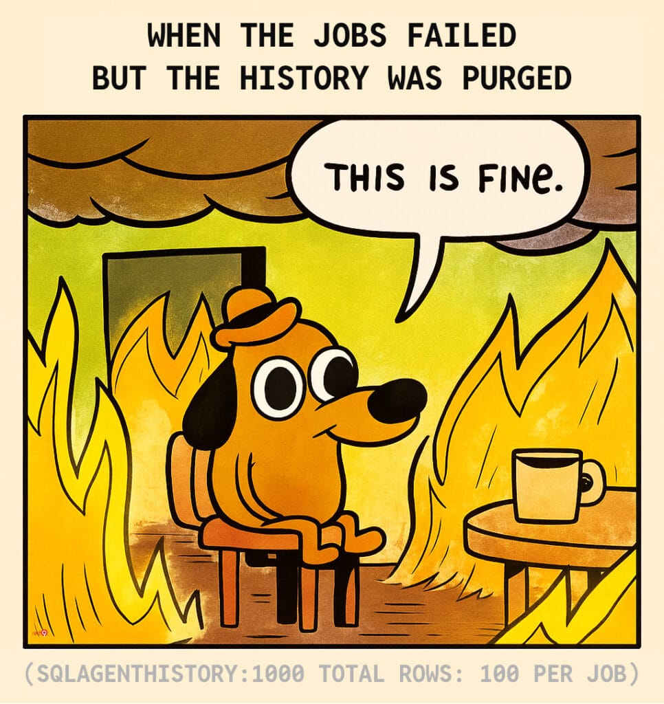 Dog in burning room saying "This is fine" — SQL job failed, history purged.