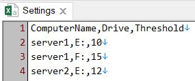 Figure 3 - Settings.csv file values