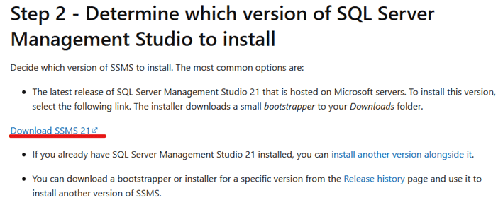 Instructions to download SQL Server Management Studio 21