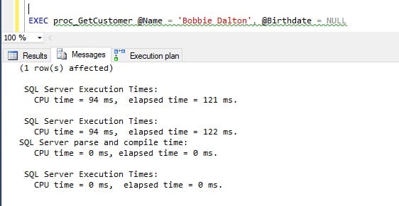 Execution time for the first stored procedure call, showing the plan cached for the initial parameter