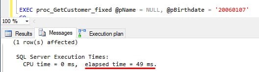 Execution plan when running the query with the @pBirthdate parameter using OPTION (RECOMPILE)