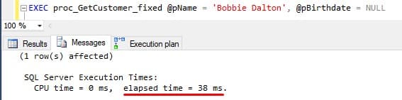 Execution plan when running the query with the @pName parameter using OPTION (RECOMPILE)