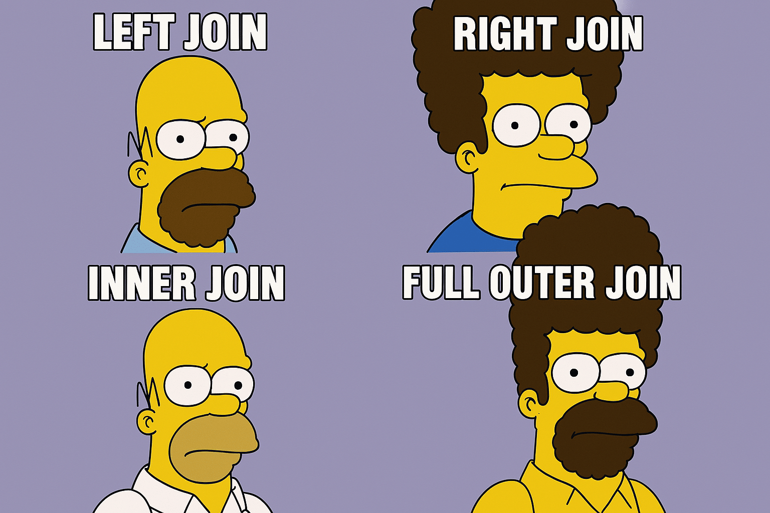 Simpsons meme showing LEFT, RIGHT, INNER, and FULL OUTER SQL joins with different Homer faces.