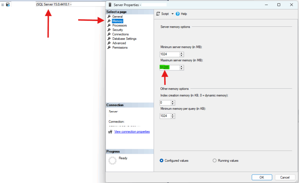 SQL Server Properties window showing Memory settings with maximum server memory set to 51200 MB.